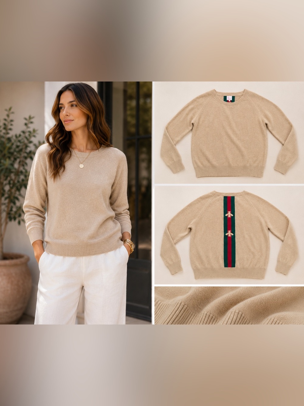 PINK PINEAPPLE - Cashmere Taupe Sweater with bee Pattern on Back NWT